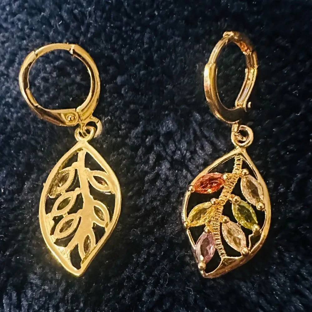 Vintage Style Golden Leaf Earrings with Multiple Colored Stones Grandmac